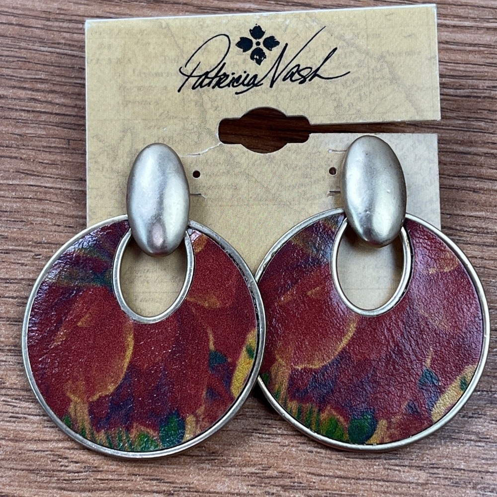 Patricia Nash Simone‎ Doorknocker Earrings Gold-Tone with Leather, Pierced, NEW
